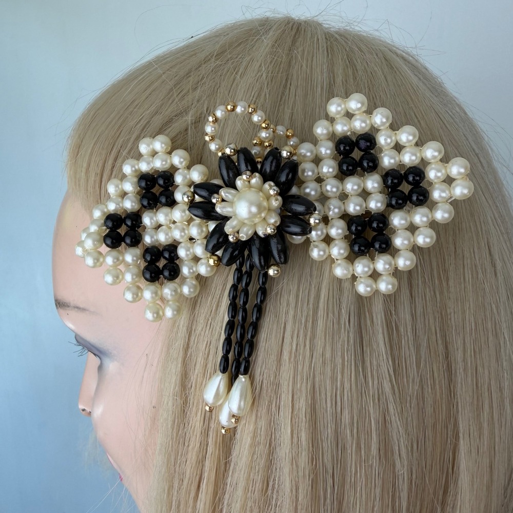 Handmade Beaded Bow Hair Clip Black White Balletcore Coquette Barrette OS - Picture 2 of 8